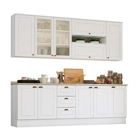 Cozinha Completa Americana 7 Peças Branco com Aéreo Vidro - Móveis Henn Branco