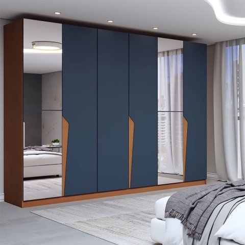 Guarda-roupa Casal Luxe 2,42 Metros 6 Portas 4 Gavetas com Espelho Freijó/azul - Panorama Móveis