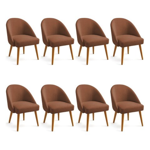 Kit 08 Cadeiras Poltrona de Jantar Estofada Luna Boucle Terracota Pés Palito Castanho