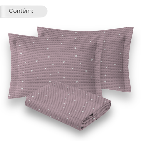 Kit Colcha Piquet Casal - 100% Algodão:Coração