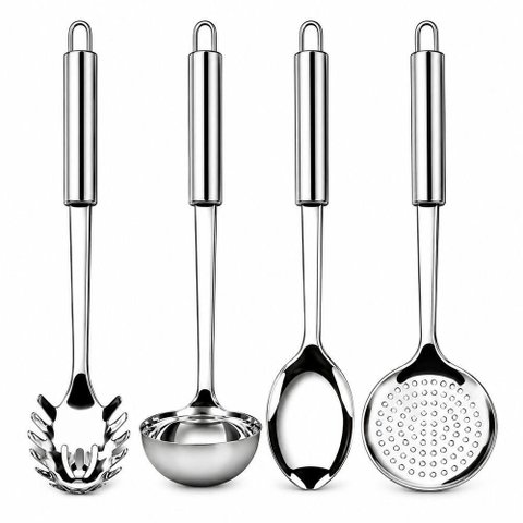Kit Utensílios de Cozinha 4 Peças Aço Inox Cabos Longos com Argola Aquilae