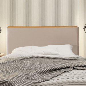 Cabeceira Cama Box King 1,93m Estofada Detalhe em Madeira Java Veludo Bege