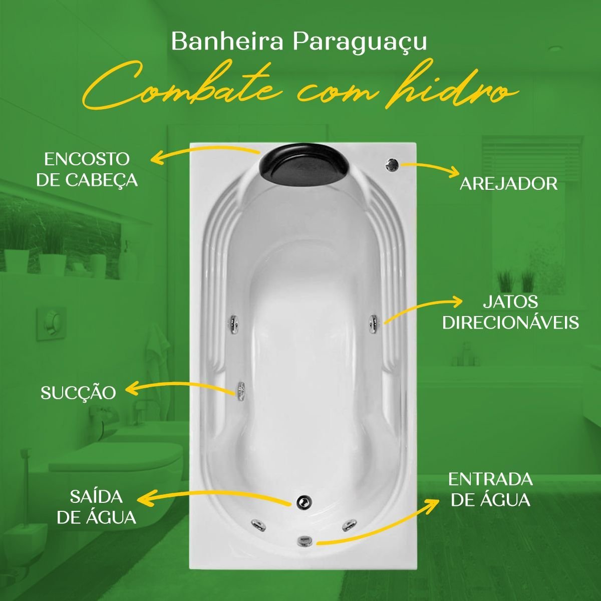 Banheira Retangular Paraguaçu Combate com Hidro em Acrílico - 1.30x0.80x0.40 - 127v - 6