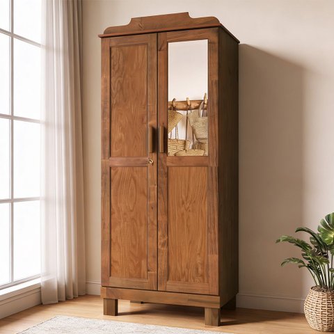 Guarda Roupa Solteiro com Espelho 2 Portas Madeira Maciça Lorie F06 Castanho - Lyam Decor