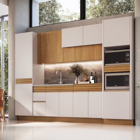 Cozinha Modulada 6 Peças 5 Gavetas Ripadas 328cm com Rodapé Tampo e Torre Quente 100% BP Organic Beg