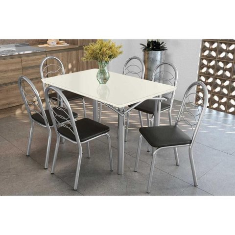 Conjunto: Mesa de Cozinha Elba Tampo Madeirado C/ Vidro 120cm e 6 Cadeiras Holanda Cromada/off White