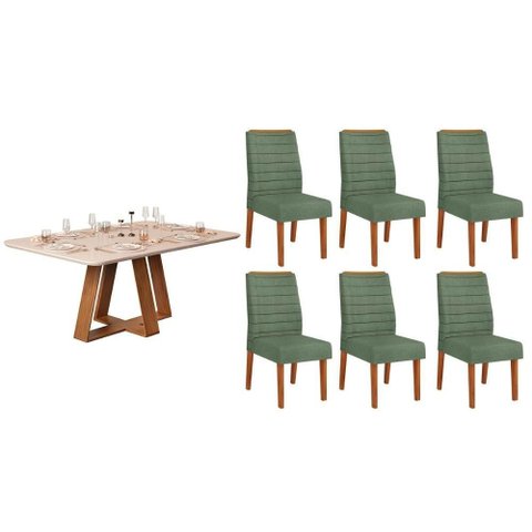 Sala de Jantar Completa Celeste C/ Tampo Madeirado C/ Vidro Curvo 160x90cm e 6 Cadeiras Ondina