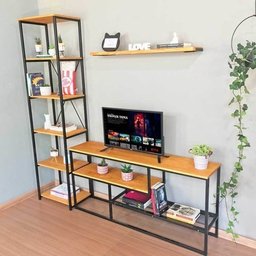 Rack de TV Style Industrial com Estante Style de Ferro e Madeira Slim 6 Prateleiras Carvalho e Preto - 2
