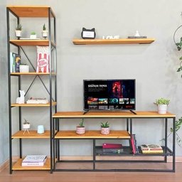 Rack de TV Style Industrial com Estante Style de Ferro e Madeira Slim 6 Prateleiras Carvalho e Preto - 1