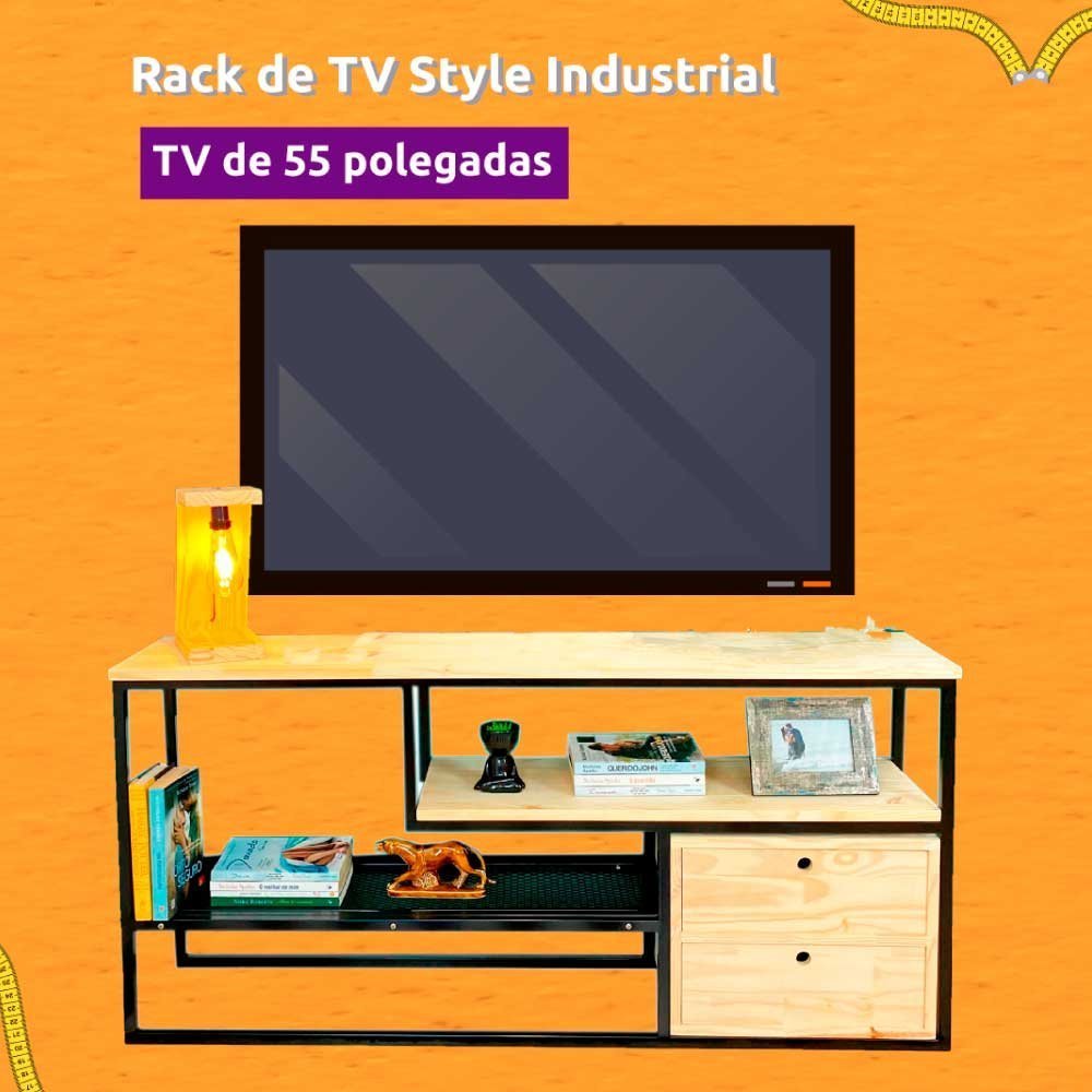 Rack de TV Style Industrial com Estante Style de Ferro e Madeira Slim 6 Prateleiras Carvalho e Preto - 3