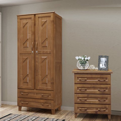 Conjunto Quarto Imbuia: Guarda-roupa Multiuso Flex 2 Portas 2 Gavetas, Cômoda 4 Gavetas Madeira Pinu
