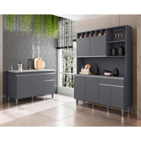 Balcão Gabinete Cora 3 Portas + Kit Rita 130cm Compacta c/ Nichos Cinza - Bela Móveis
