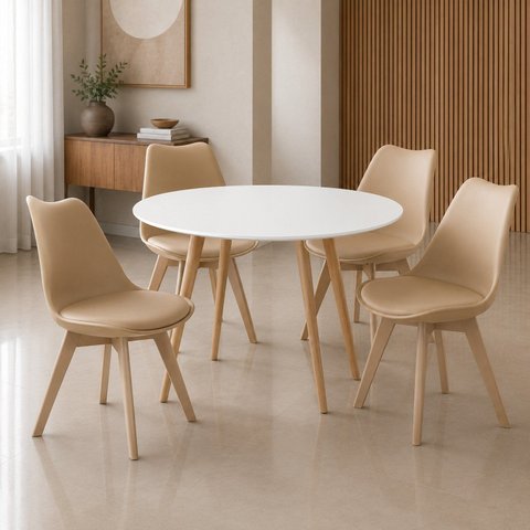 Conjunto Leda Mesa 90cm Compacta & 4 Cadeiras Leda Bege