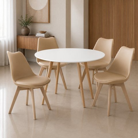 Conjunto Leda Mesa 90cm Compacta & 4 Cadeiras Leda Bege