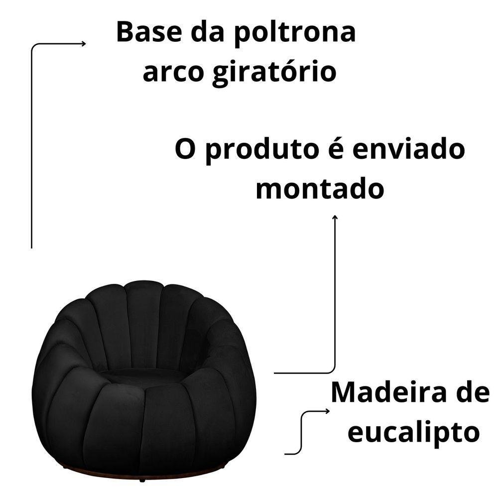 Poltrona Decorativa Concha Base Arco Giratória Veludo Cor Preto - 3