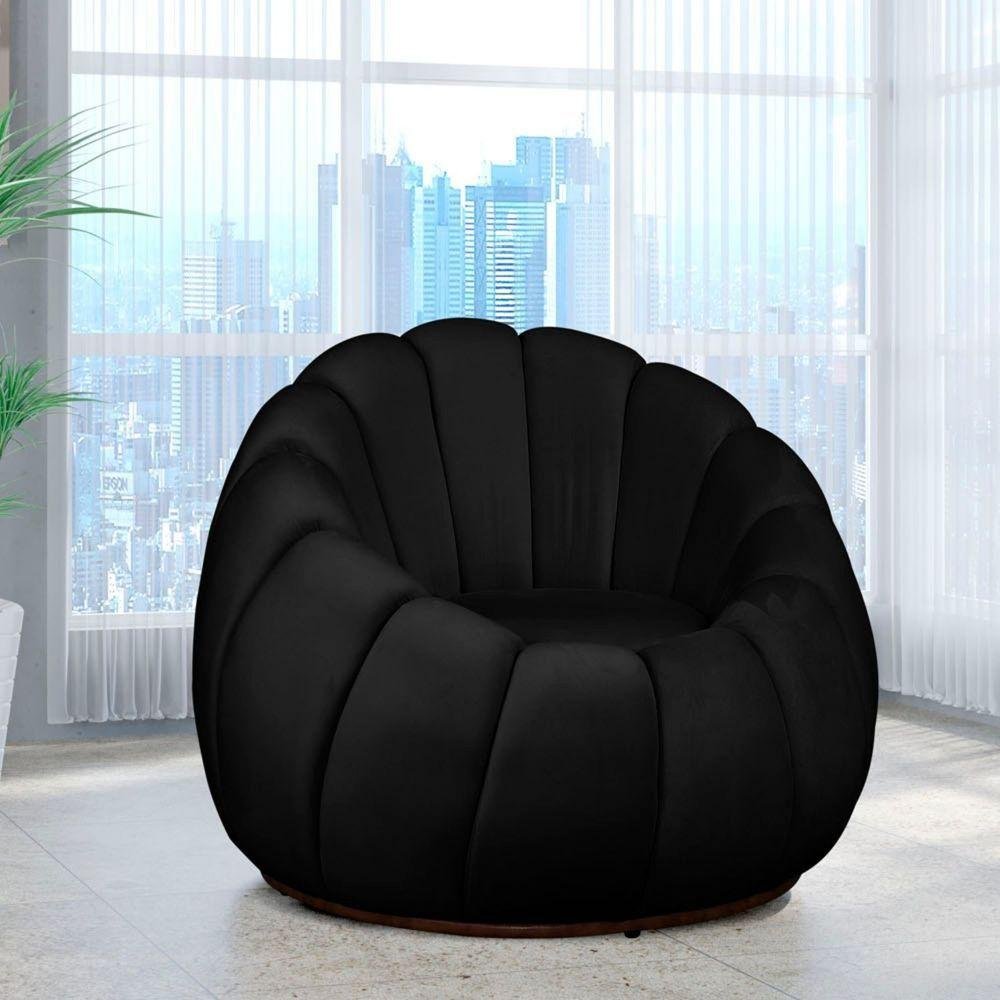Poltrona Decorativa Concha Base Arco Giratória Veludo Cor Preto - 2