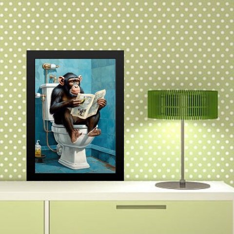 Quadro Divertido Banheiro Chipanzé com Jornal 33x24cm - com Vidro:moldura Preta