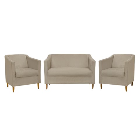 Kit Namoradeira e 2 Poltronas Titânio Suede Bege