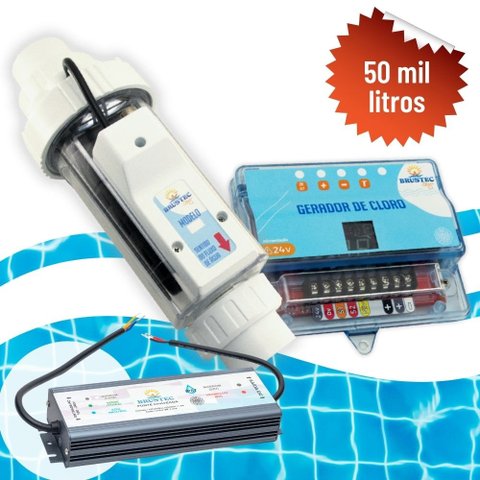 Gerador de Cloro a Base de Sal para Tratamento de Piscina até 50 Mil Litros com Fonte 24v 10a - Brus