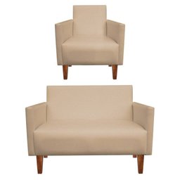 Kit Namoradeira 02 Lugares e 01 Poltrona Jade Corino Bege com Pés Castanho - D'Rossi - 1