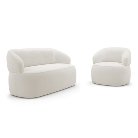 Kit Poltrona Giratória e Sofá Orgânico Living Glee 03 Lugares 170cm Bouclê Off White - Desk Design