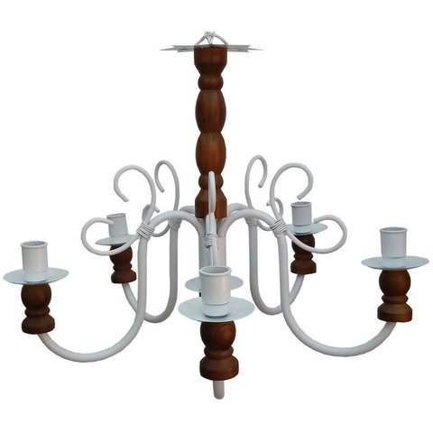 Pendente Lustre De Madeira E Ferro Rustico para Decoração de Quarto - Branco & Verniz