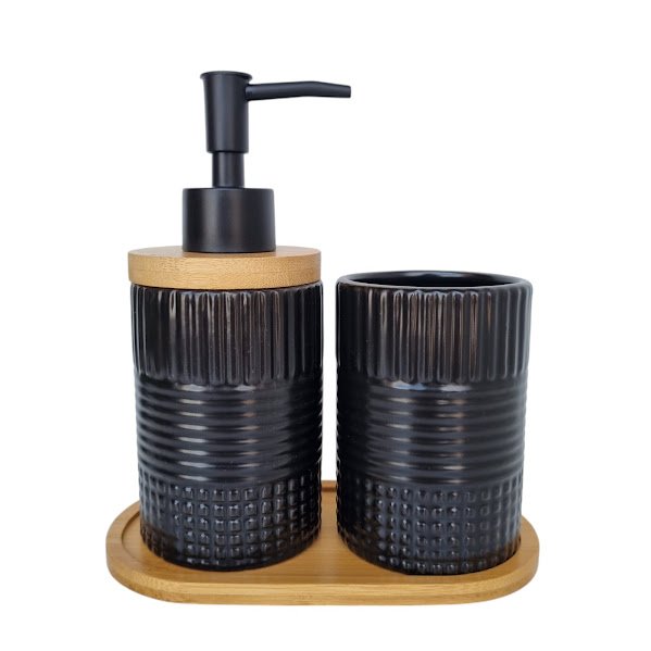 Kit Banheiro Lavabo Bambu Bandeja Porta Escova Sabonete 3 Pçs Redondo Preto