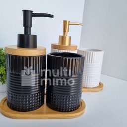 Kit Banheiro Lavabo Bambu Bandeja Porta Escova Sabonete 3 Pçs Redondo Preto - 6