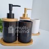 Kit Banheiro Lavabo Bambu Bandeja Porta Escova Sabonete 3 Pçs Redondo Preto - 6