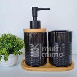 Kit Banheiro Lavabo Bambu Bandeja Porta Escova Sabonete 3 Pçs Redondo Preto - 2