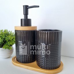 Kit Banheiro Lavabo Bambu Bandeja Porta Escova Sabonete 3 Pçs Redondo Preto - 3