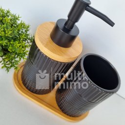 Kit Banheiro Lavabo Bambu Bandeja Porta Escova Sabonete 3 Pçs Redondo Preto - 4