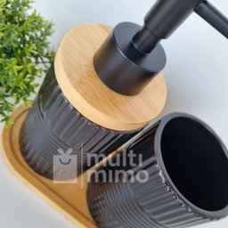 Kit Banheiro Lavabo Bambu Bandeja Porta Escova Sabonete 3 Pçs Redondo Preto - 5