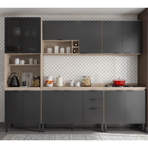Jogo de Cozinha Firenze Modulada 6 Peças e Nicho Adega - Avena Touch/ Grafito Demóbile
