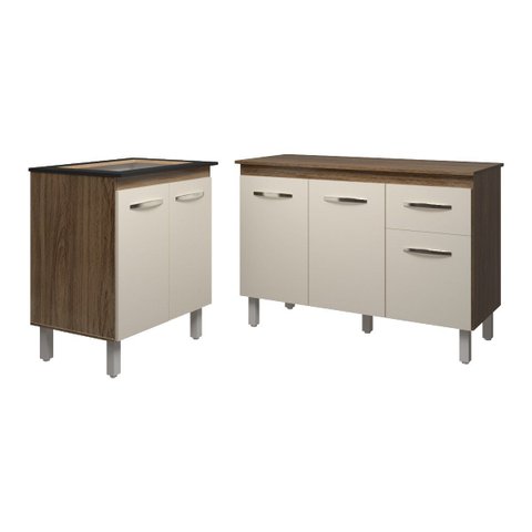 Balcão Para Cooktop 4 Bocas Fran e Armário Aline 118 cm Cozinha Gabinete Savana Off White com Tampo 