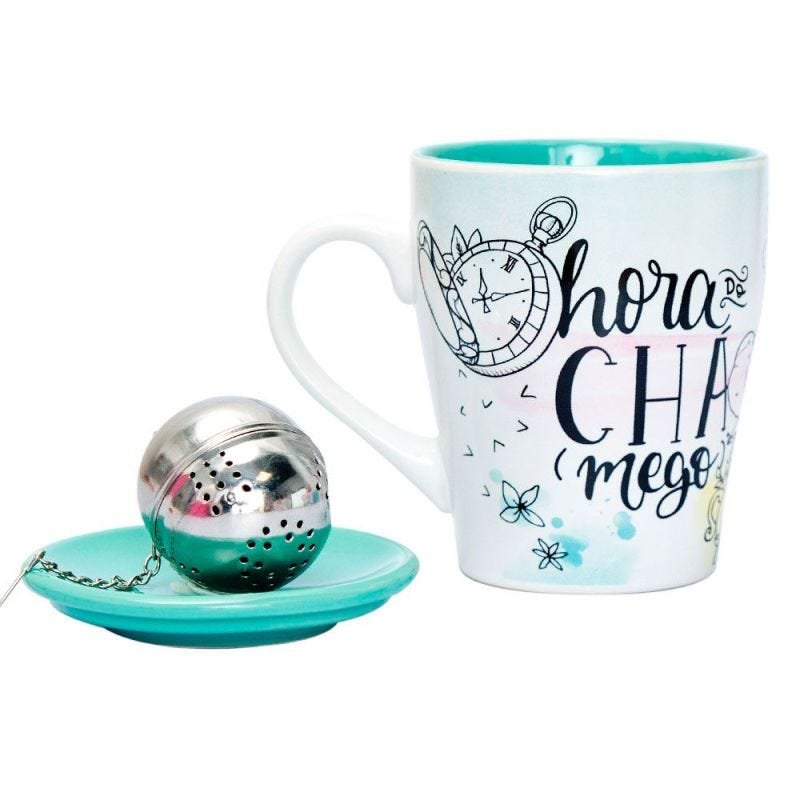 Jogo de Caneca Porcelana para Chá 310ml com Tampas e Infusor Inox