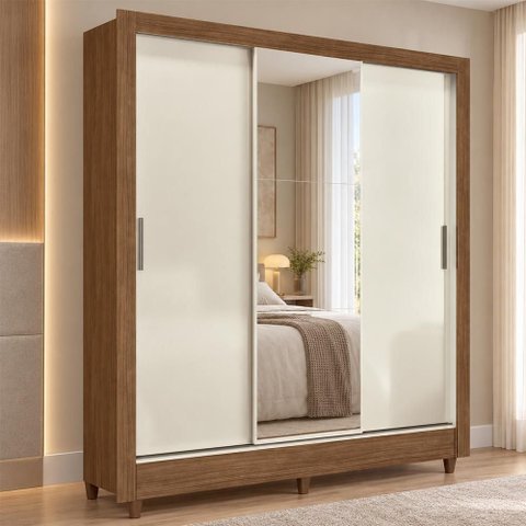 Guarda Roupa Casal França 3 Portas Deslizantes e 2 Gavetas Jequitibá/Off White com Espelho e Pés