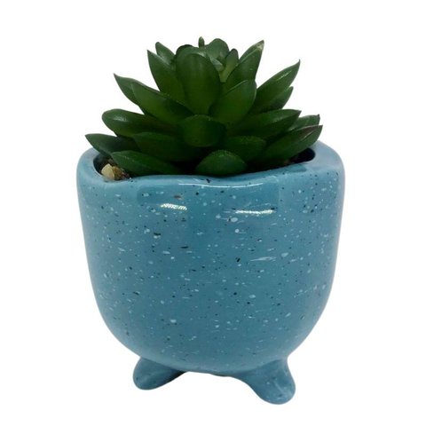 Vaso Com Suculenta Em Dolomita E Plástico Cor Azul - 28666