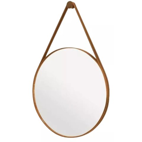 Espelho Redondo Adnet 90cm Moldura e Alça Couro Caramelo + Suporte