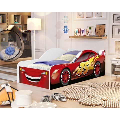 Mini Cama Carro Infantil Juvenil Adesivada Mcqueen Vermelho com Proteção Lateral