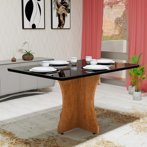 Mesa de Jantar Retangular 4 Lugares com Tampo de Vidro Laqueado em Mdf