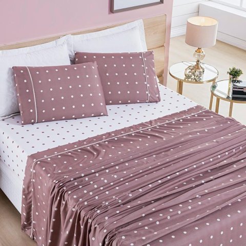 Jogo de Cama Lençol 200 Fios Petit Poá Casal Padrão 04 Peças - Rose
