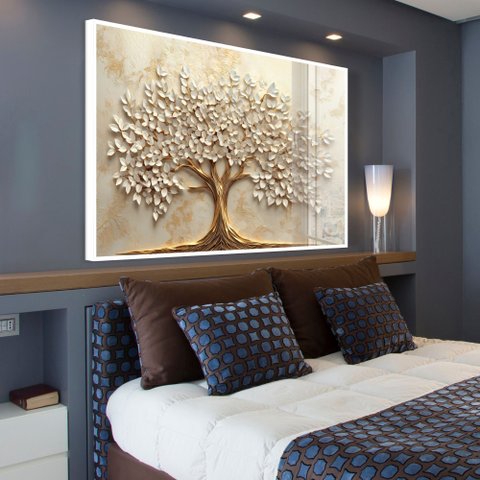 Quadro Decorativo Árvore da Vida Folhas Delicadas Flores Brancas Sala Quarto Casa Escritório