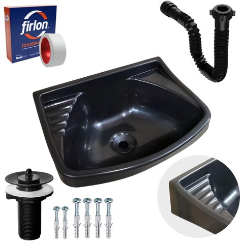 Pia Lavatório Plástico 4,8l Preta + Sifão Sanfonado Universal 61cm Preto + Fita Veda Rosca