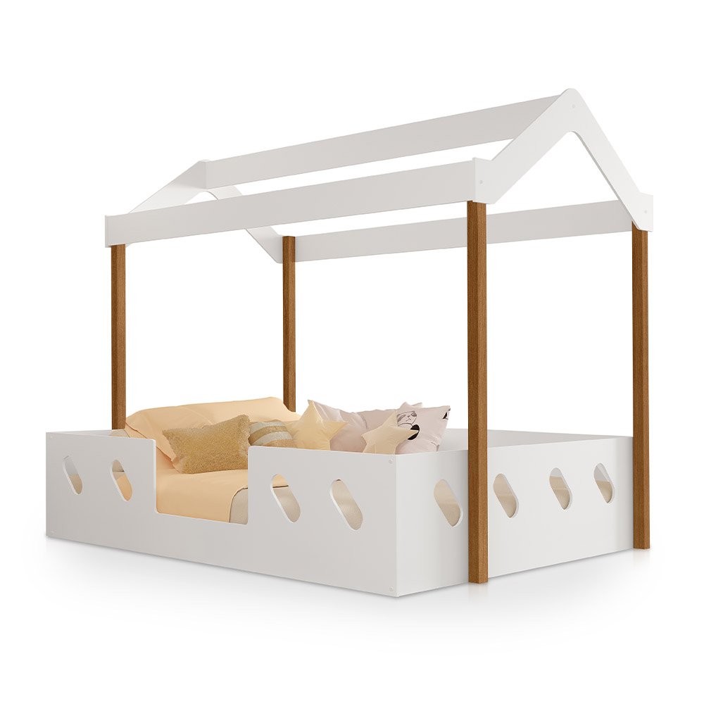 Cama Casal Infantil Casinha Montessoriana Mdf Isa Branca e Mel Acompanha Luminária Nuvem - 2