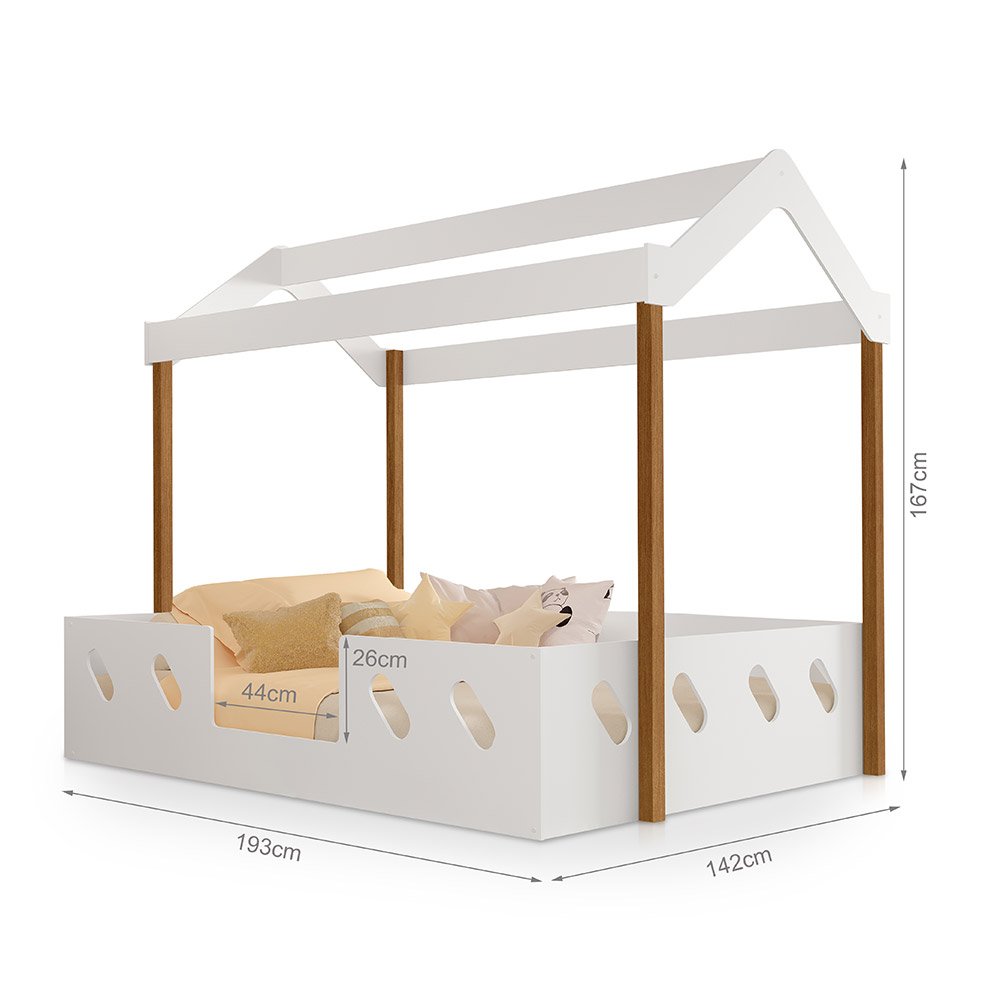 Cama Casal Infantil Casinha Montessoriana Mdf Isa Branca e Mel Acompanha Luminária Nuvem - 3