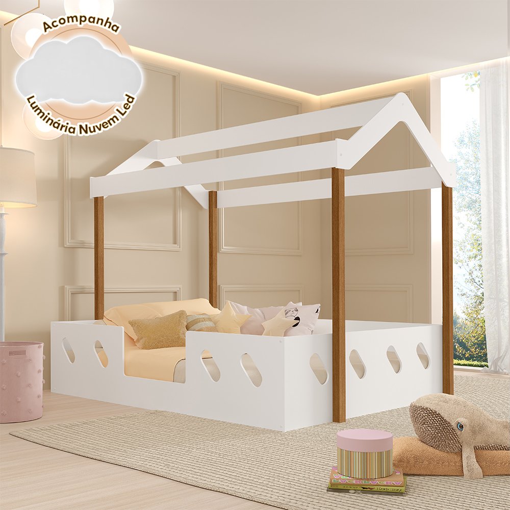 Cama Casal Infantil Casinha Montessoriana Mdf Isa Branca e Mel Acompanha Luminária Nuvem - 1