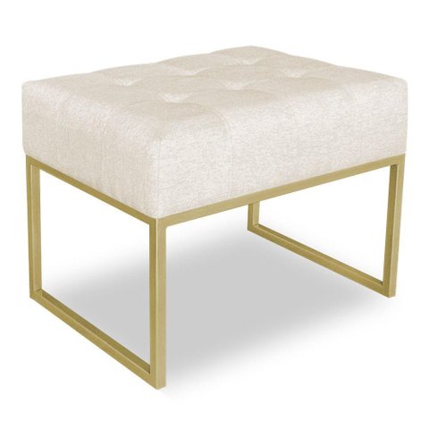 Puff Lisa Linho Bege Base Metálica Industrial Dourado
