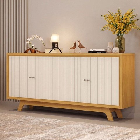 Buffet Aparador 4 Portas Frisado 100% MDF Soleil Cedro/Off White DJ Móveis
