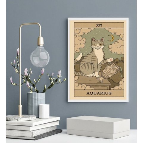 Quadro Carta Tarot Gato Signo Aquário 24x18cm - com Vidro:madeira Branca